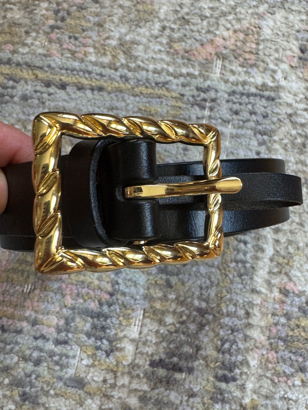 J. Crew Black Leather Belt with Gold Twisted-Frame Buckle